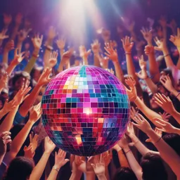 a colorful disco ball surrounded by a crowd of people