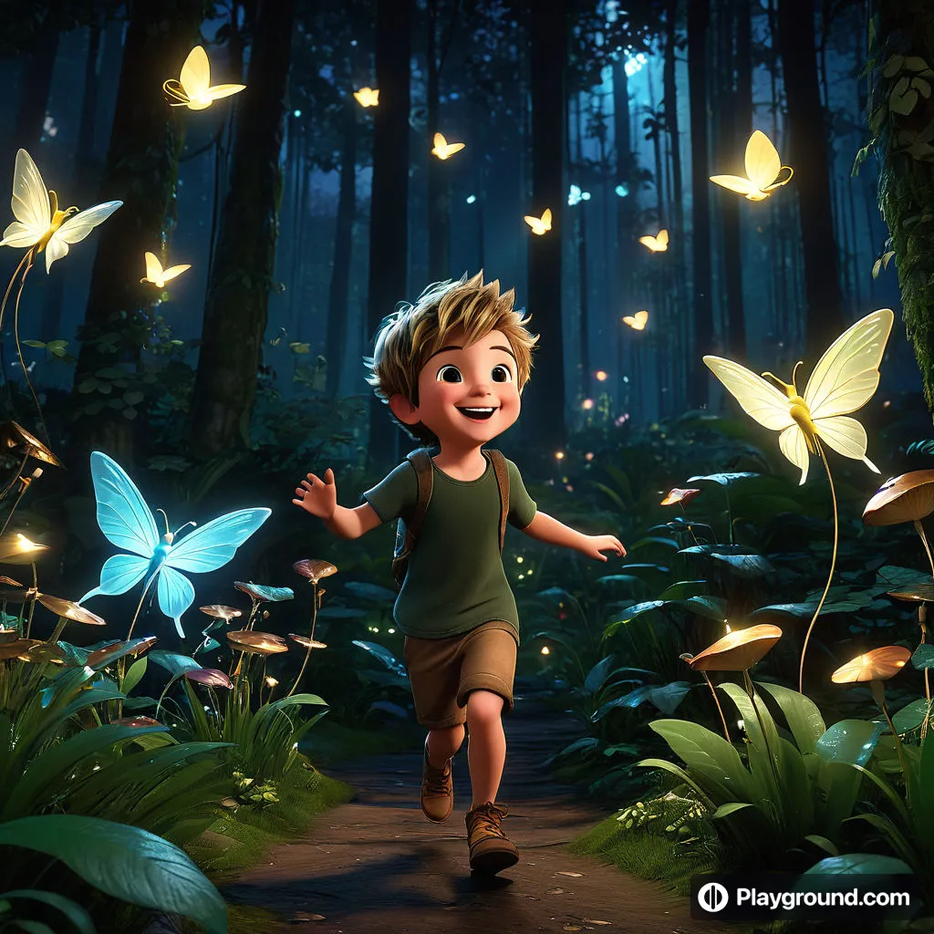 a young boy running through a forest with butterflies