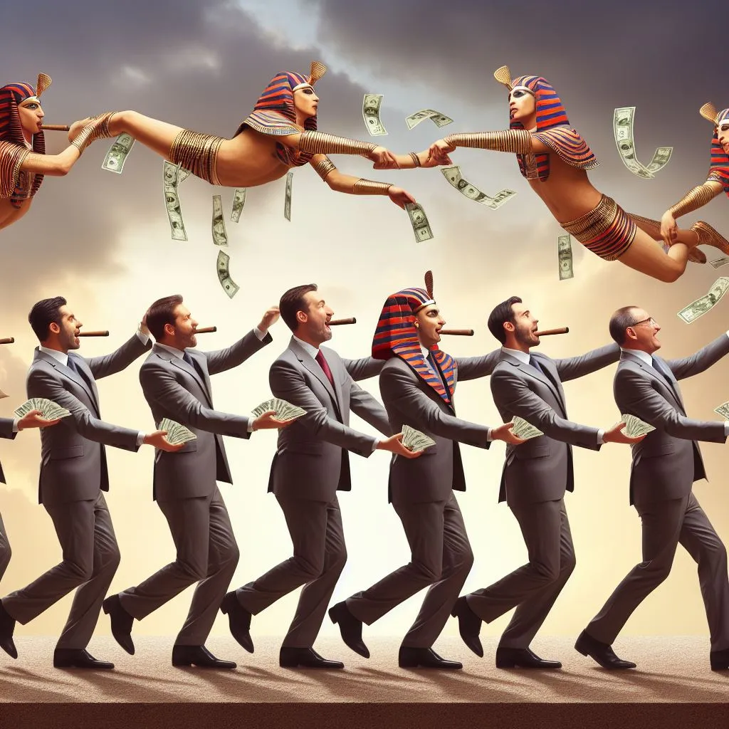 a group of men in suits and money flying through the air