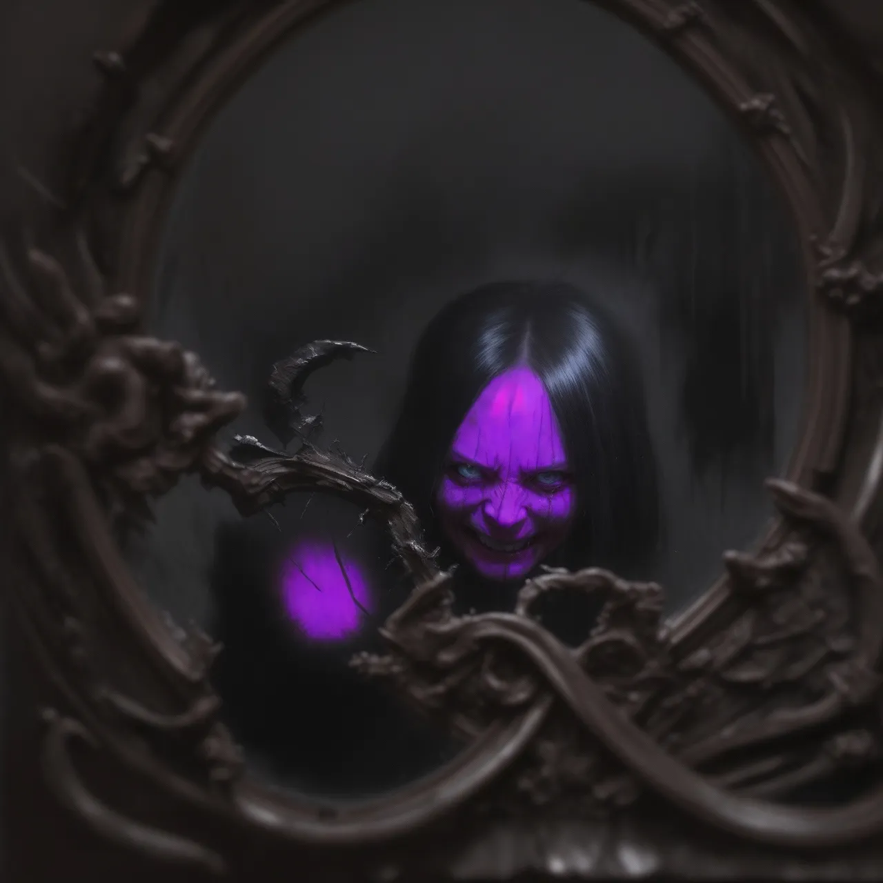 a woman with purple makeup is looking in a mirror