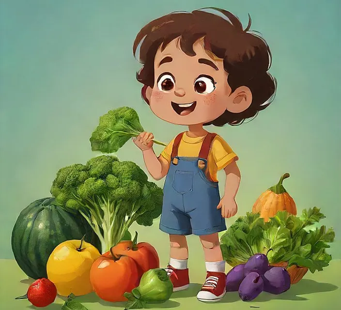 a young boy standing in front of a pile of vegetables