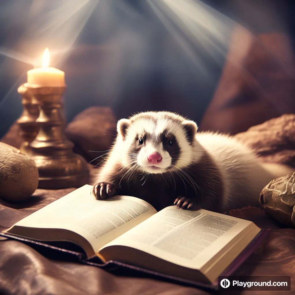 a ferret sitting on a bed next to an open book