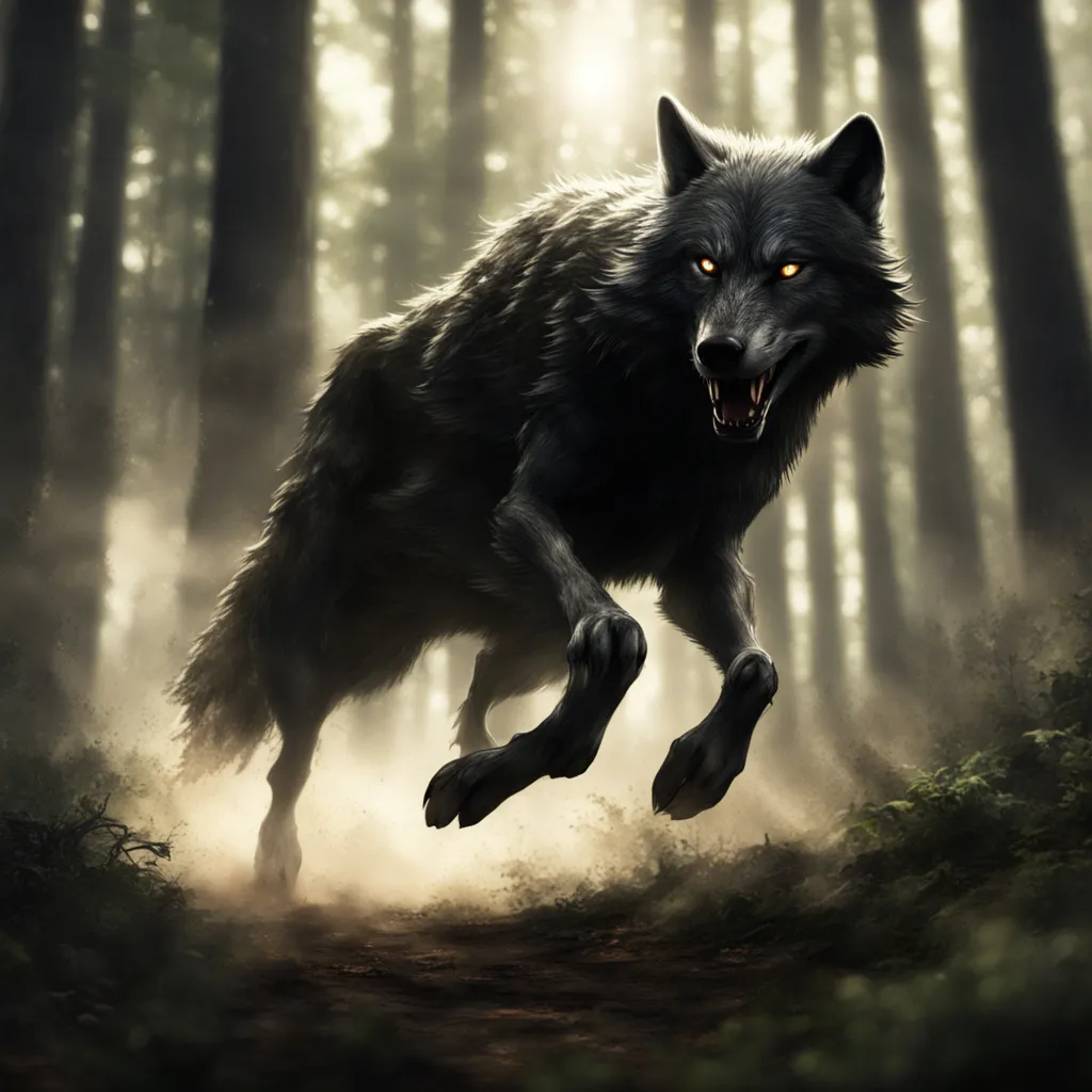 a black wolf running through a forest filled with trees