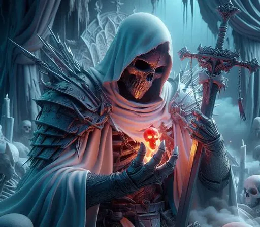 a skeleton in a hooded outfit holding a skull