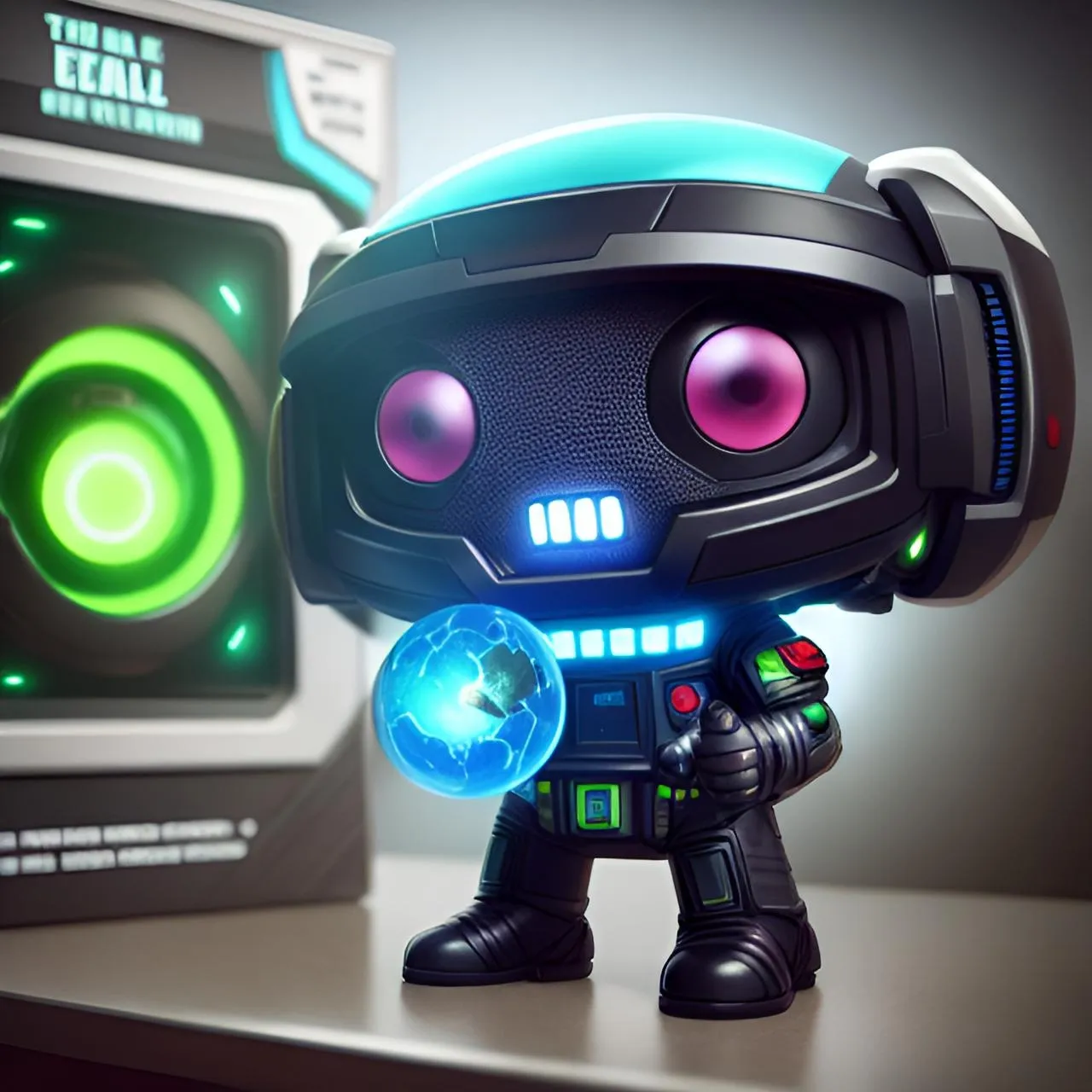 a small robot with glowing eyes holding a ball