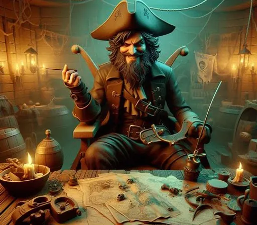 a painting of a pirate sitting at a table