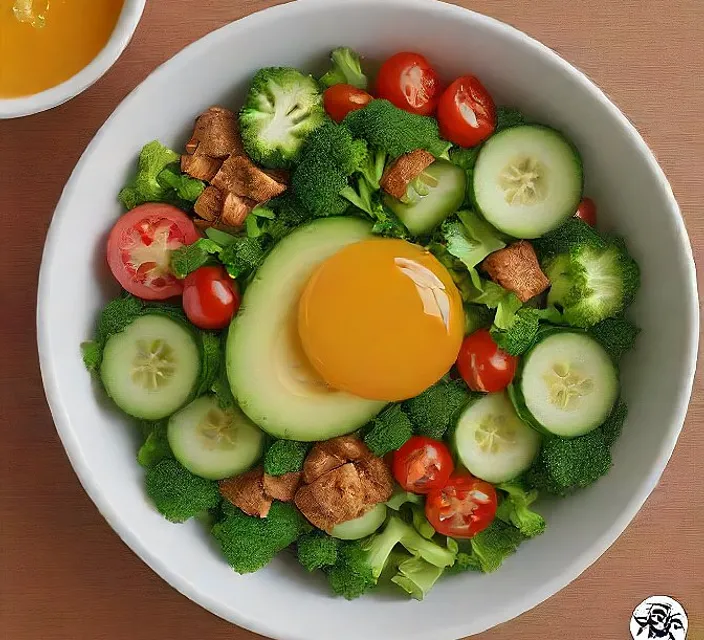 a bowl of vegetables with an egg on top