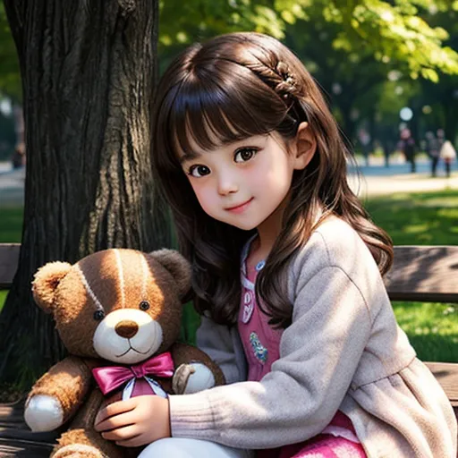 A little girl is sitting on a bench with a teddy bear and stroking it with her hand