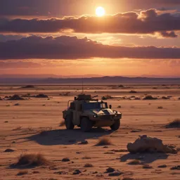 a jeep driving through a desert at sunset