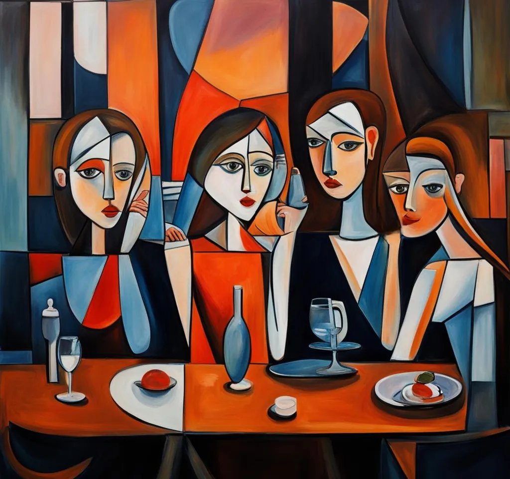 a painting of four women sitting at a table and laughing