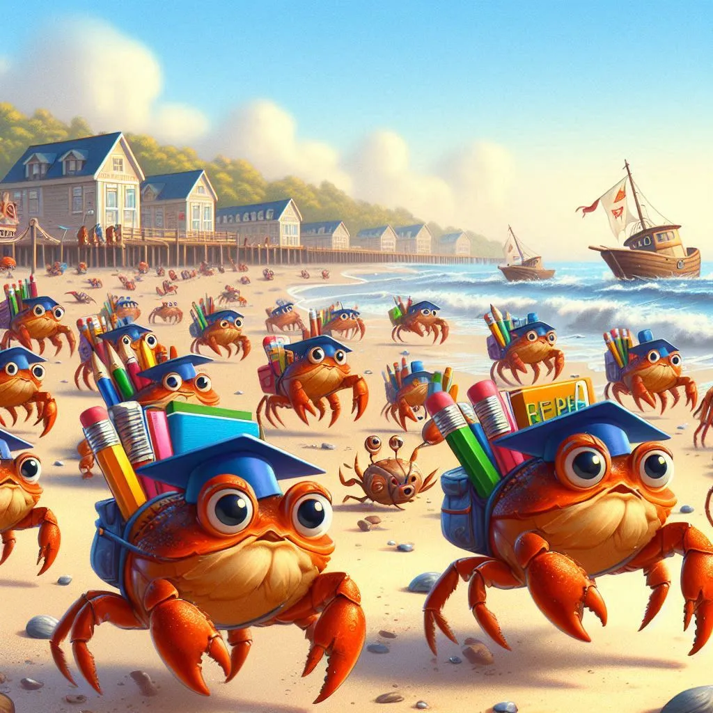 a group of crabs on a beach with a boat in the background