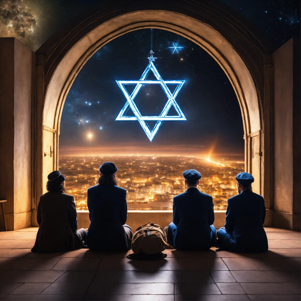 a group of people sitting on top of a floor under a star of david