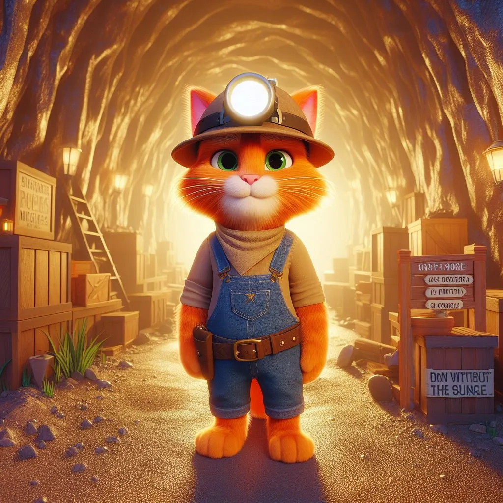 a cat in overalls and a fireman's hat standing in a tunnel