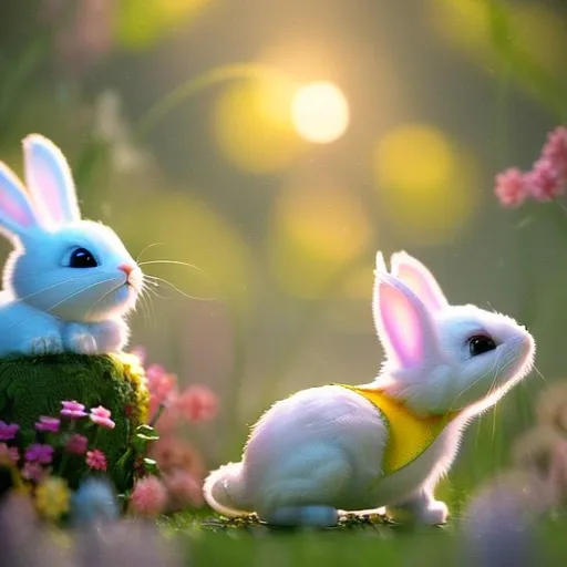 a couple of white rabbits sitting on top of a lush green field