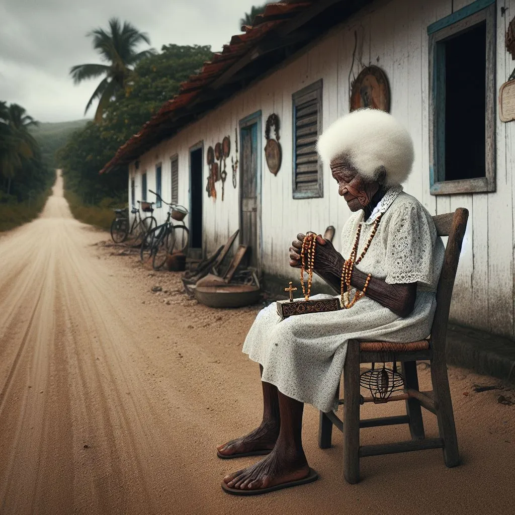 a woman sitting on a chair in front of a building