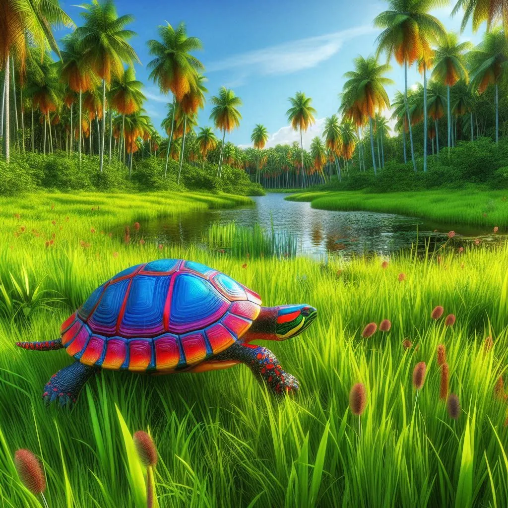 a painting of a turtle in the grass