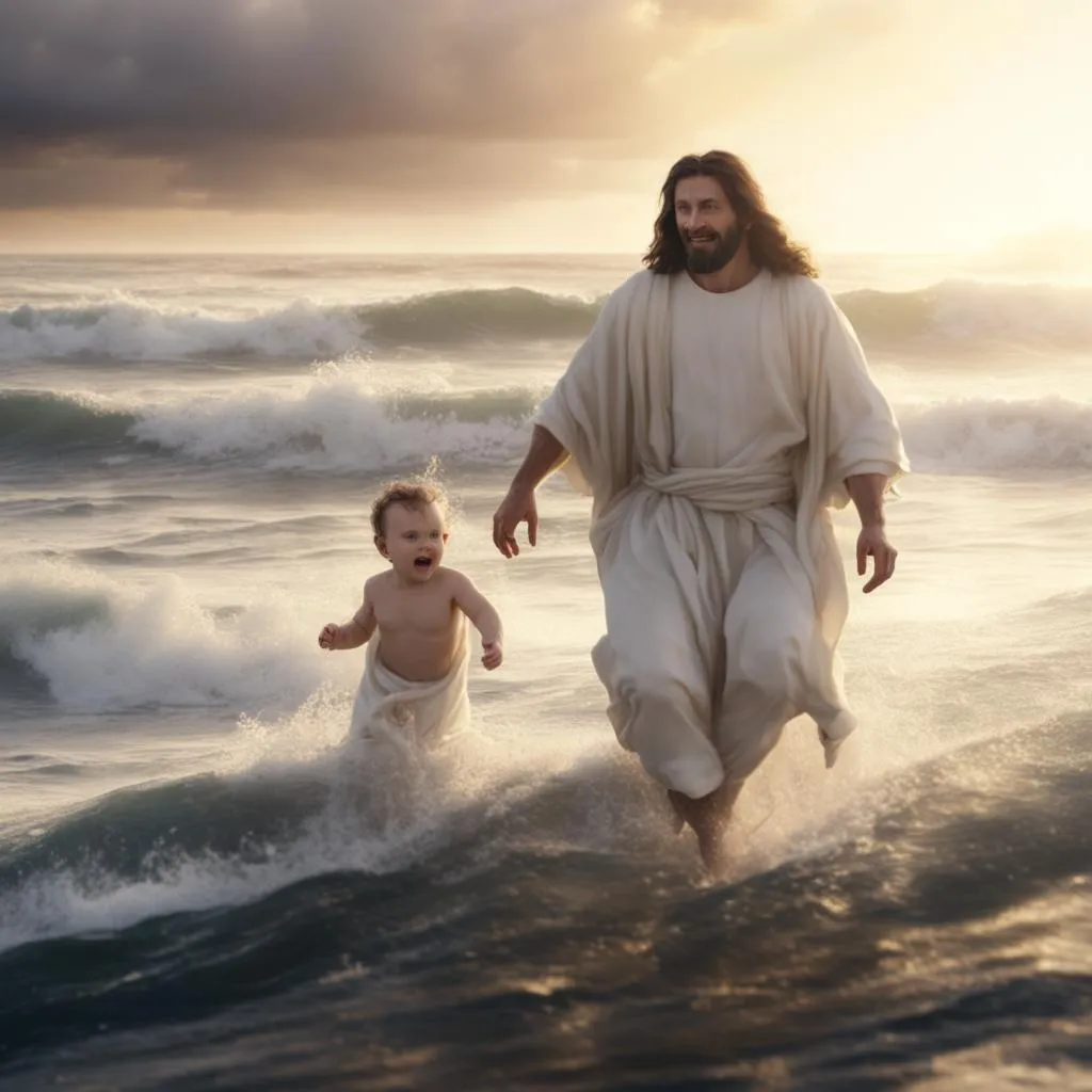 a man and a baby are walking in the water