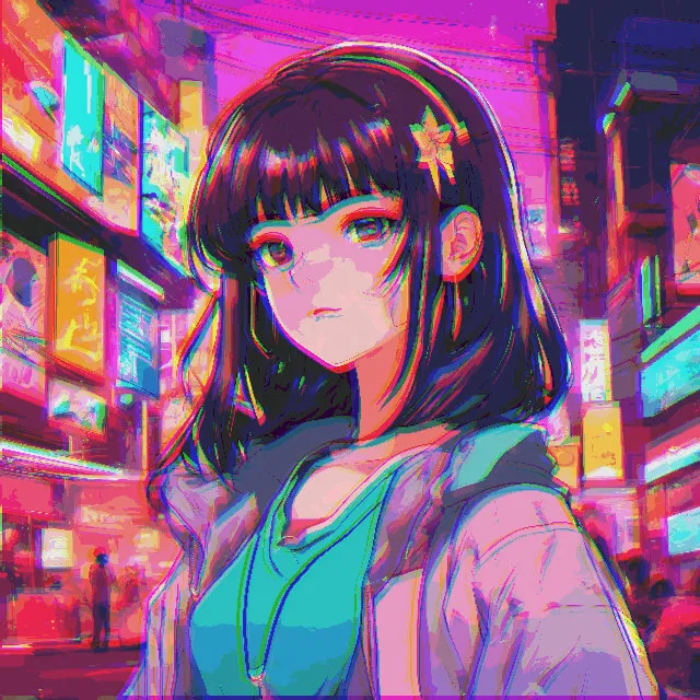 a woman standing in front of a store filled with neon lights