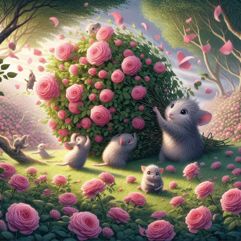 a painting of a group of mice  pully  field of flowers upward