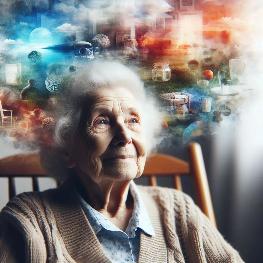 an elderly woman sitting in a chair with a cloud of images above her head