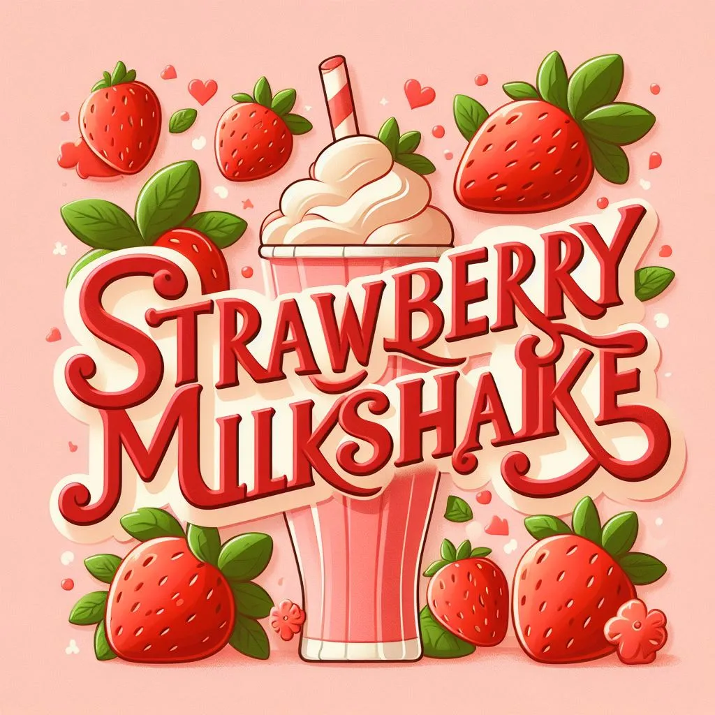 The title "Strawberry Milkshake" appears on the screen in a playful, strawberry-themed font