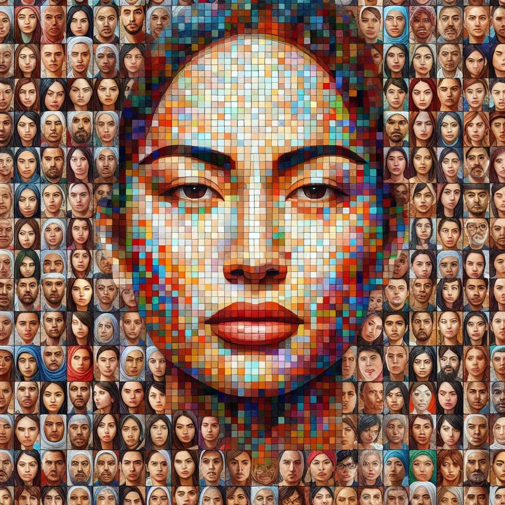 a woman's face surrounded by many people's faces