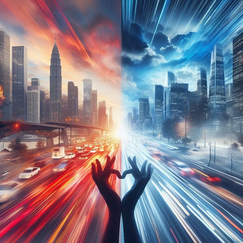 a double image of a city and a person holding their hands up