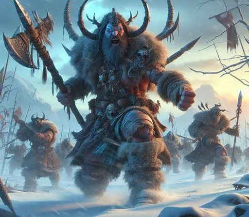 a group of horned men walking across a snow covered field