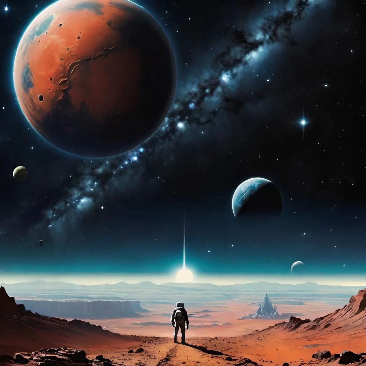 a man standing on top of a desert under a sky filled with stars