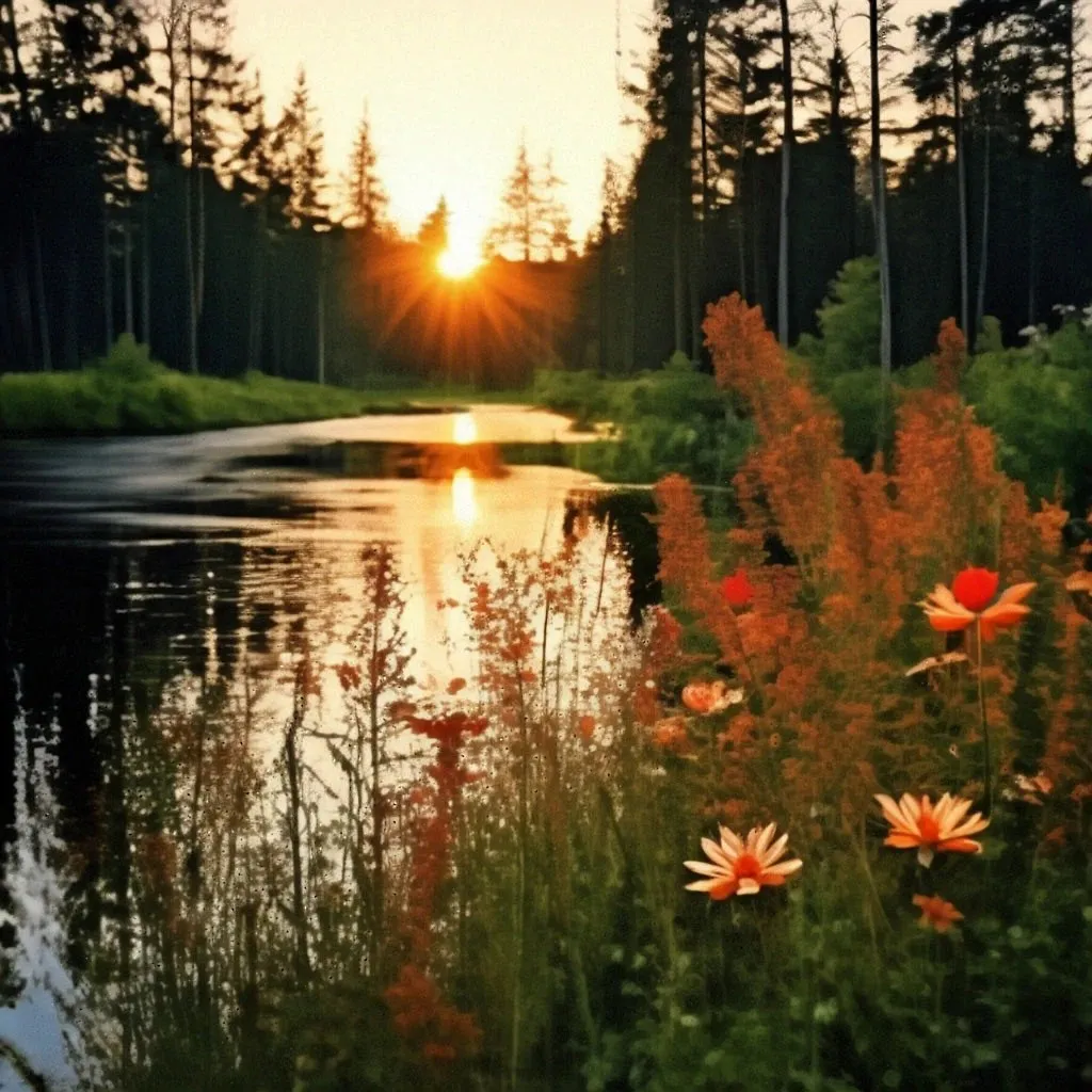 the sun is setting over a lake with wildflowers in the foreground