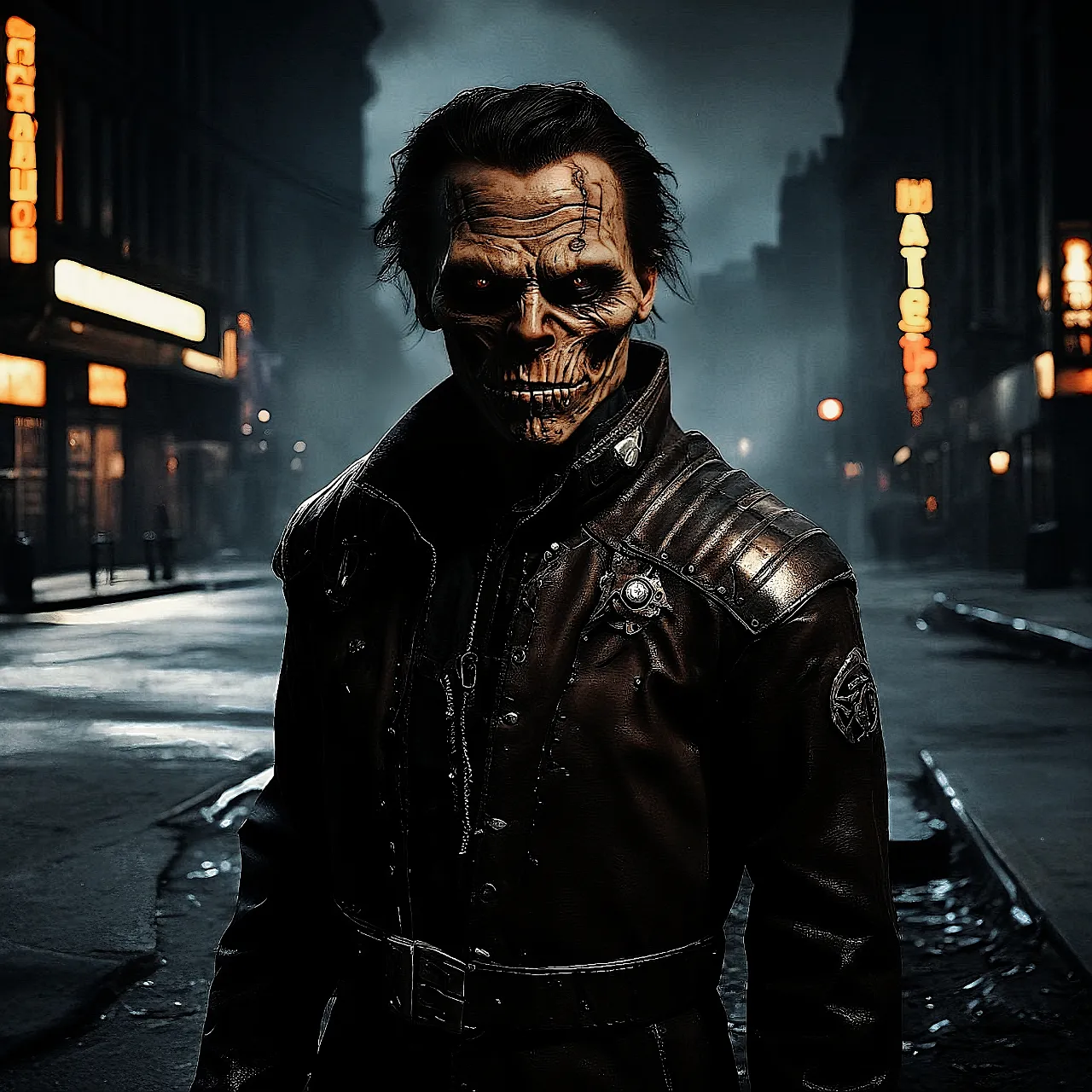 a man in a leather jacket with a creepy face, Bravo walks the streets at night