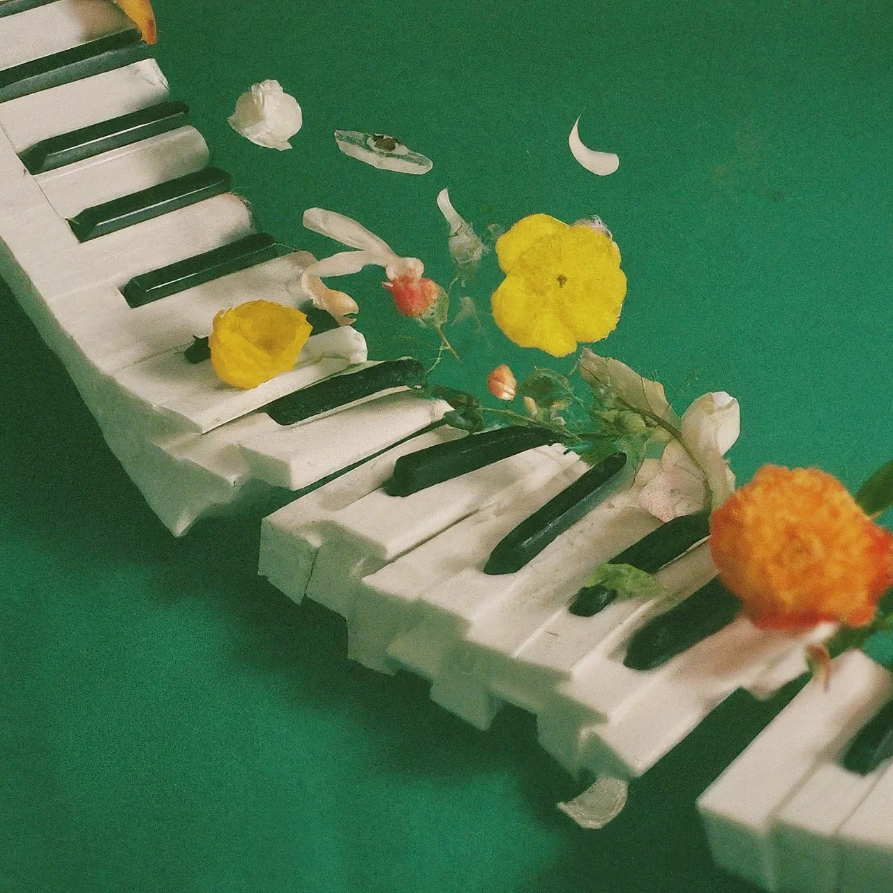 a close up of a piano with flowers on it