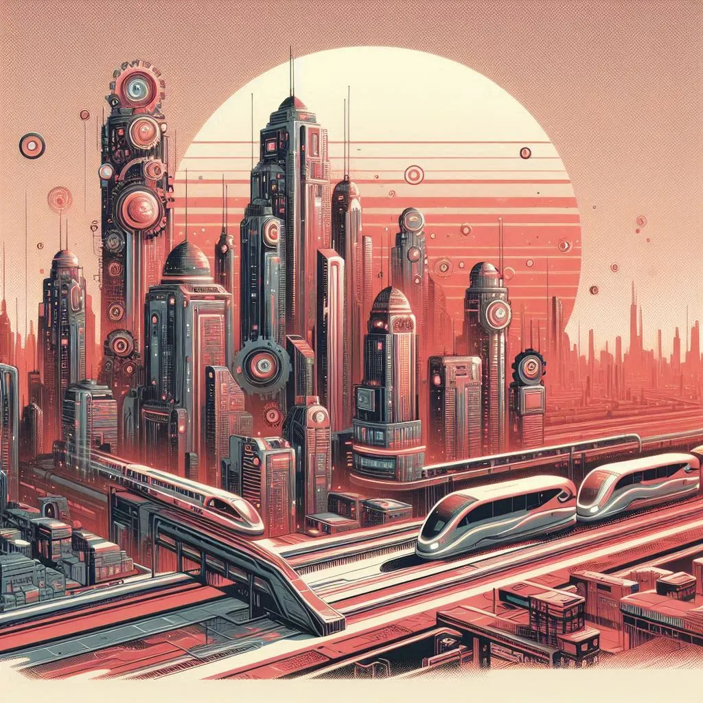 a futuristic city with a train on the tracks