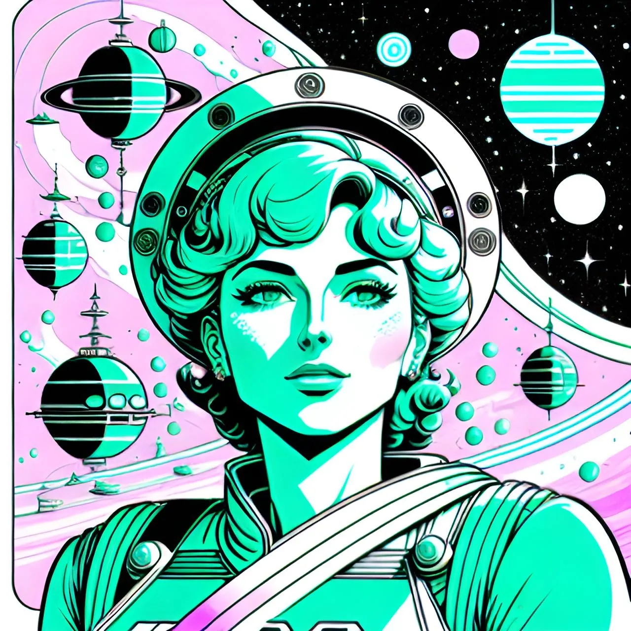 a woman in a space suit with planets in the background