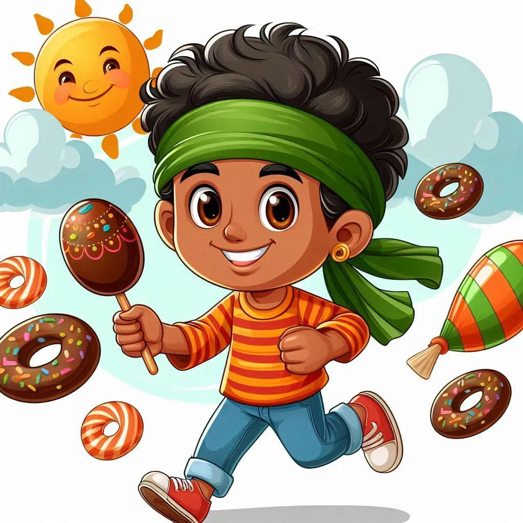 a boy running with donuts and a sun in the background