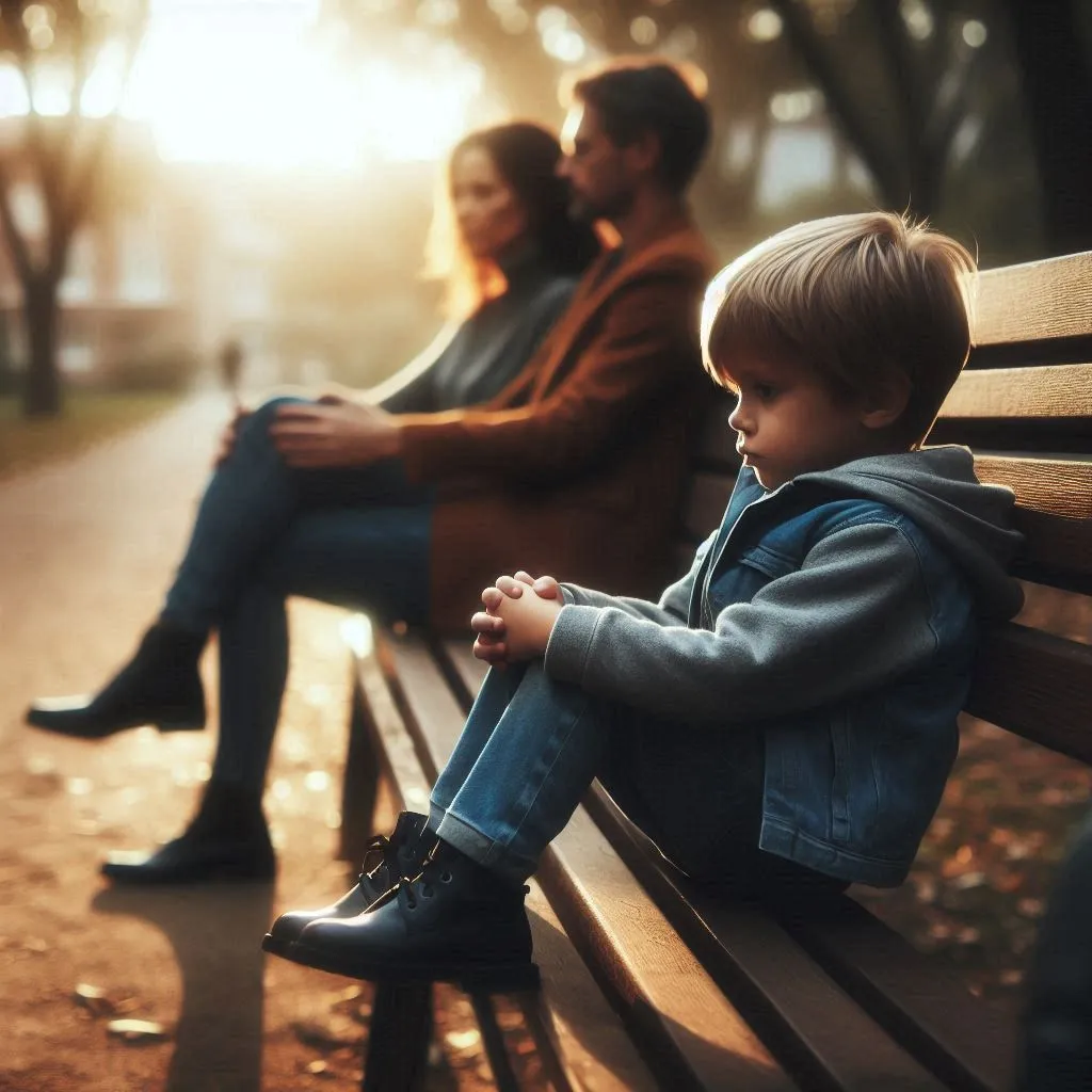 Quiet and reflective moments as the child sitting on a park bench with his parents nearby contemplates his journey and looks ahead with confidence.