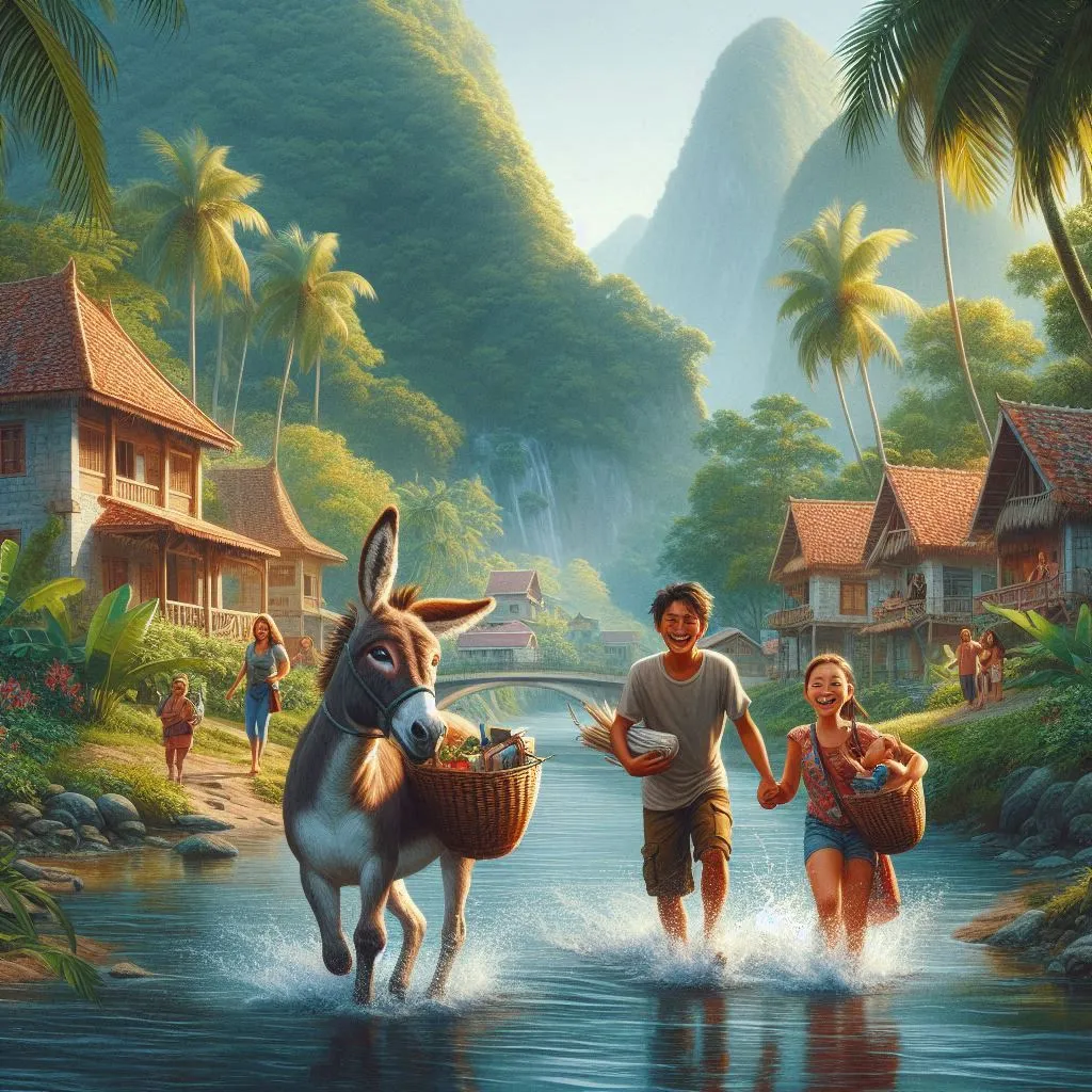 a painting of a donkey and two people crossing a river