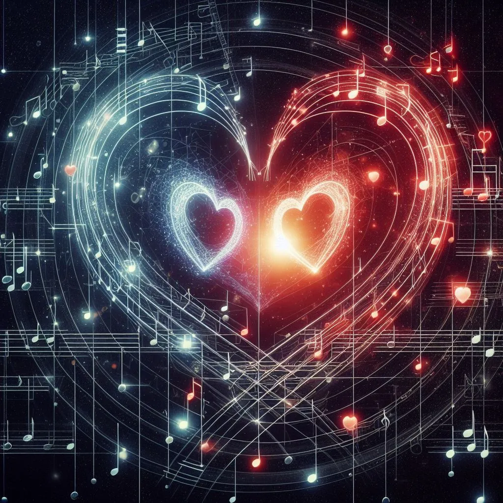 Visuals of musical notes connecting two hearts.