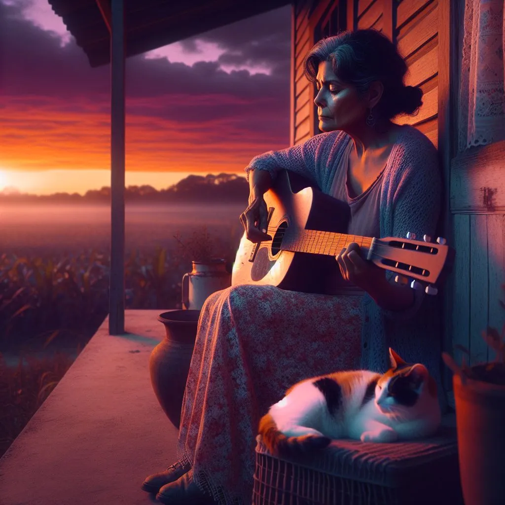 A woman finds comfort in playing a song on her guitar during a difficult time