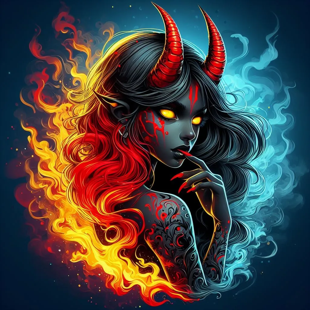 a woman with horns and flames on her face