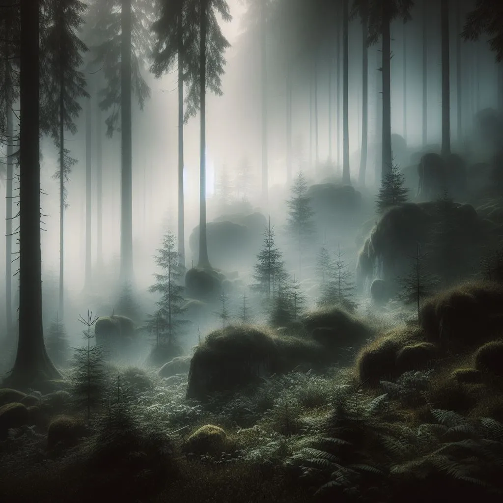 a foggy forest filled with lots of trees