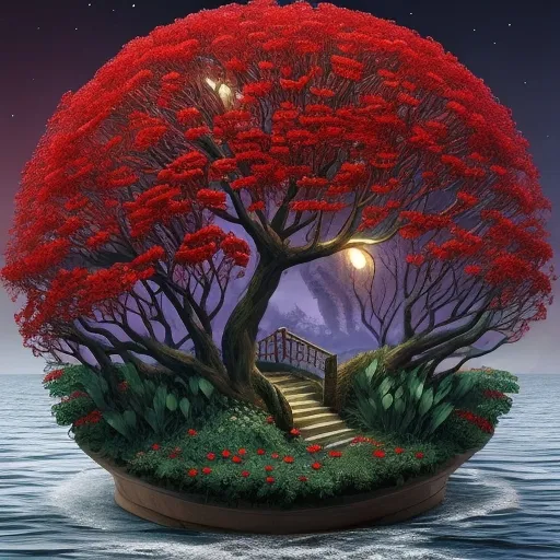 a painting of a tree with a stairway light on background flicker and water sways 