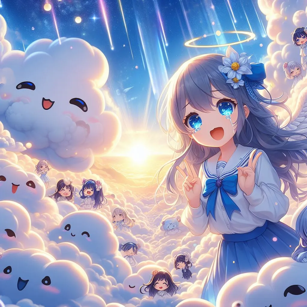 a girl in a blue dress standing in the clouds