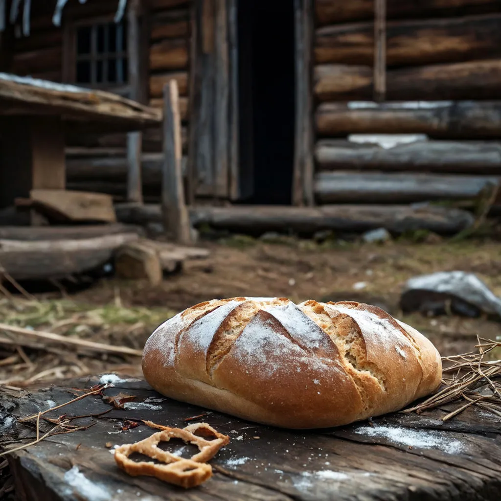 A stolen loaf of bread and a missing piece of jewelry lying abandoned on the ground outside the hut, evidence of the housemaid's deceitful actions.

