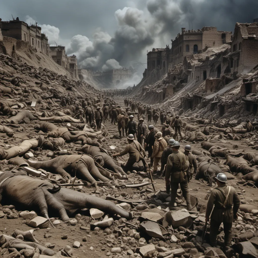 a group of soldiers walking through a destroyed city