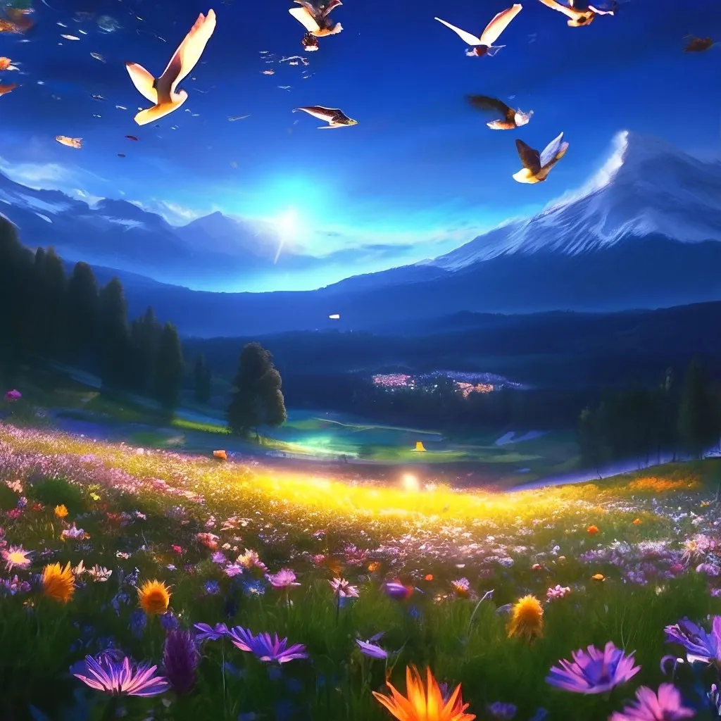 a field full of flowers with birds flying over it