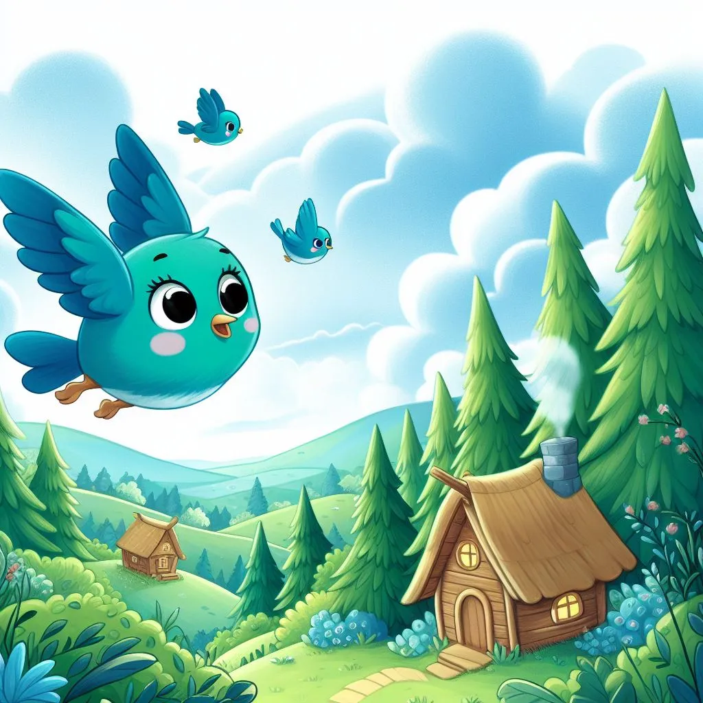 a blue bird flying over a lush green forest