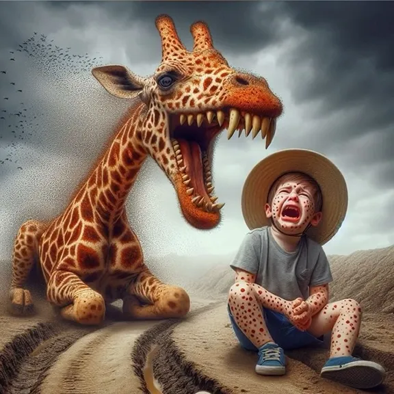 a boy sitting on the ground next to a giraffe-monster