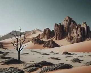 a desert scene with a lone tree in the foreground