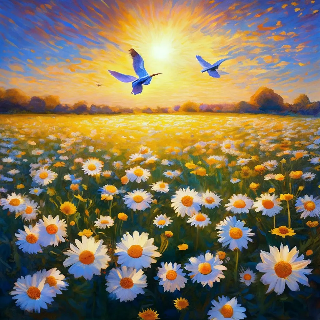 a painting of two birds flying over a field of daisies